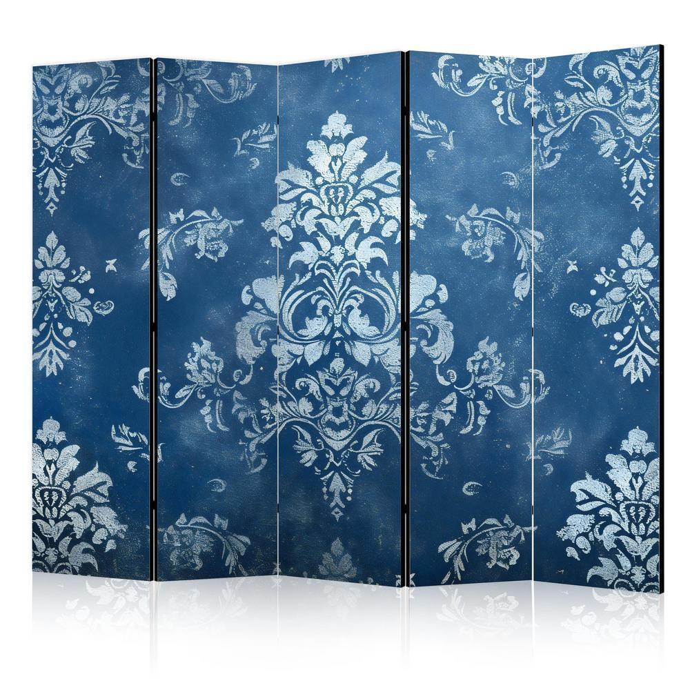 Room Divider - Retro Ornament - Decorative Motif in Rubbed Blues- A 5 Panel Folding Screen For Living rooms, bedrooms or home office, decorative folding screen made with wood and canvas