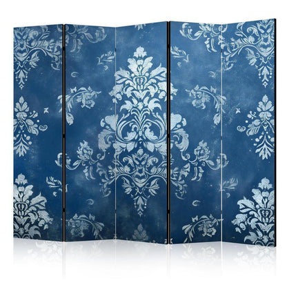 Room Divider - Retro Ornament - Decorative Motif in Rubbed Blues- A 5 Panel Folding Screen For Living rooms, bedrooms or home office, decorative folding screen made with wood and canvas