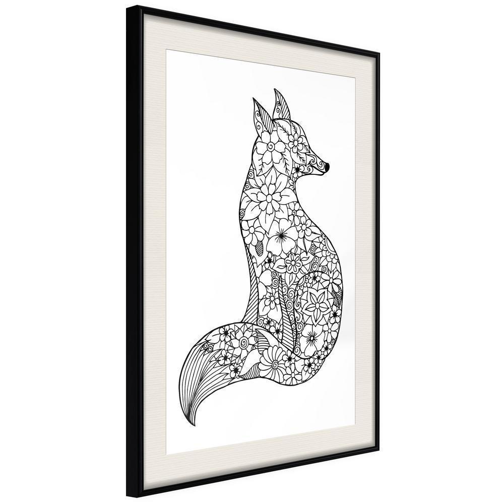 Black and White Framed Poster - Openwork Fox-artwork for wall with acrylic glass protection