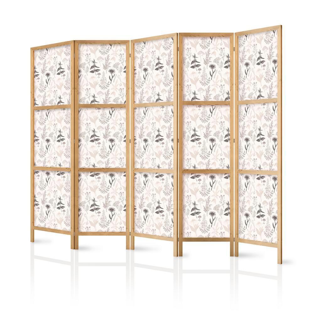 Japanese Room Divider - Botanical Illustration - Drawing of Flowers and Herbs - Beige Grays