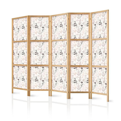 Japanese Room Divider - Botanical Illustration - Drawing of Flowers and Herbs - Beige Grays