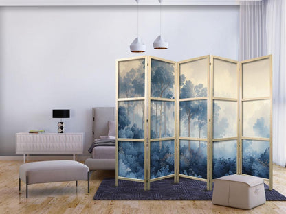 Japanese Room Divider - Landscape with Trees in Illustrative Style - Fairy-Tale Blue Forest