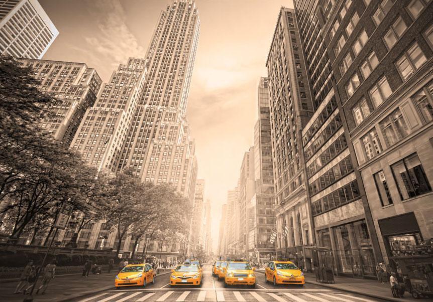 Wall Mural - New York taxi - sepia-Wall Murals-ArtfulPrivacy