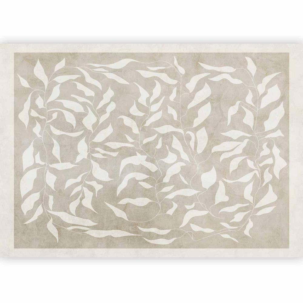 Papier peint - Feuilles blanches - motif végétal abstrait sur fond beige avec cadre