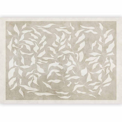 Wall Mural - White leaves - abstract plant motif on beige background with frame