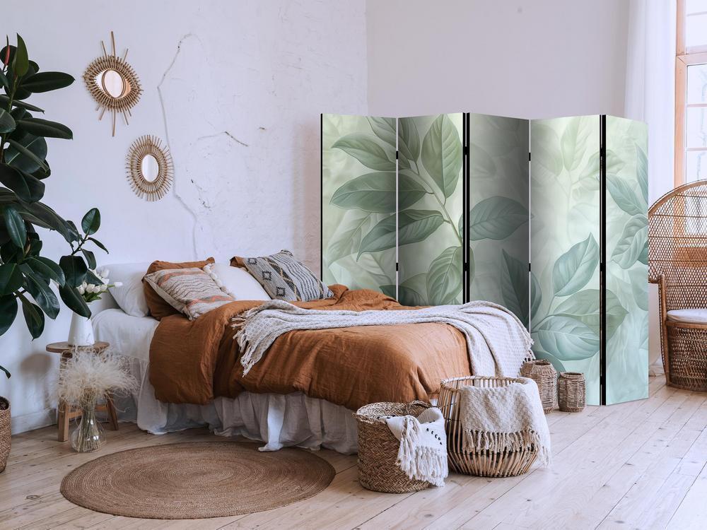 Room Divider - Large Leaves in Green-Mint Shades - Botanical Motif- A 5 Panel Folding Screen For Living rooms, bedrooms or home office, decorative folding screen made with wood and canvas