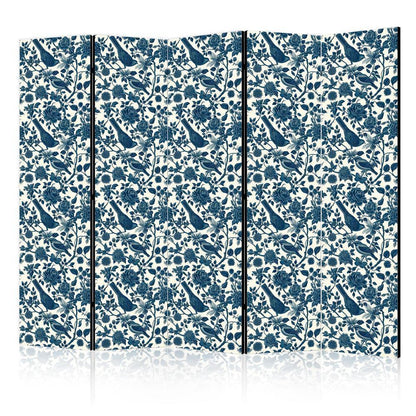 Room Divider - Rose Vines - Monochromatic Blue Birds Resting Among Roses- A 5 Panel Folding Screen For Living rooms, bedrooms or home office, decorative folding screen made with wood and canvas