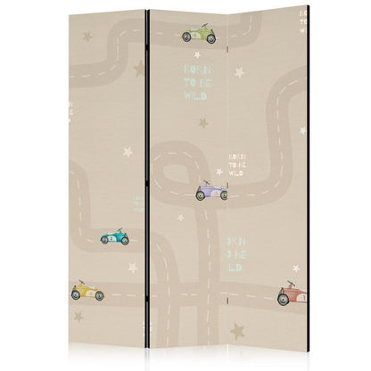 Room Divider - Race - Colorful Cars on a Road on a Beige Background with Stars