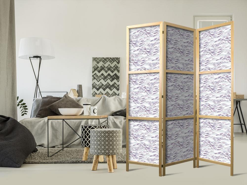 Japanese Room Divider - Fish in Muted Colors - Shoal of Small Fish in Light Violet and Delicate Pink on a Background of Gray Waves