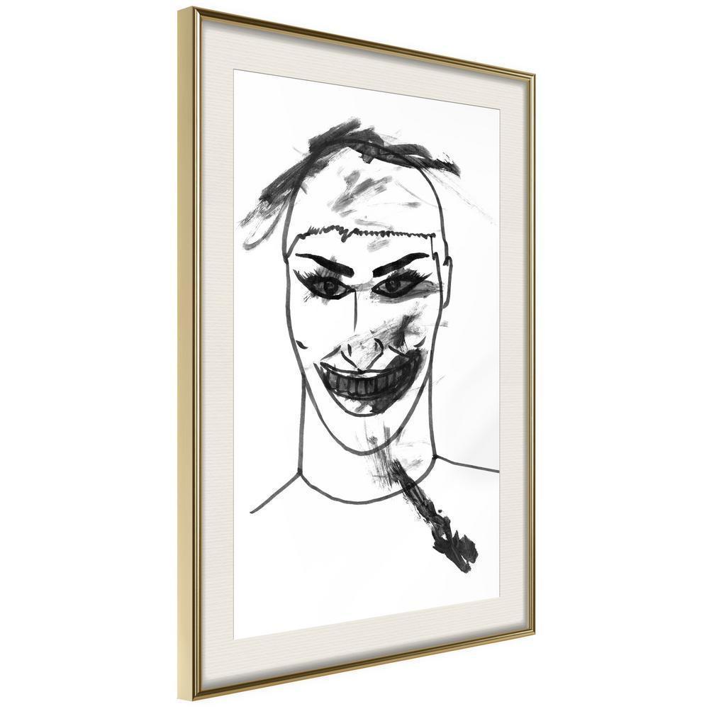 Black and White Framed Poster - Scary Clown-artwork for wall with acrylic glass protection