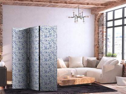 Room Divider - Illustration in Vintage Style - Blue Flowers on a White Background