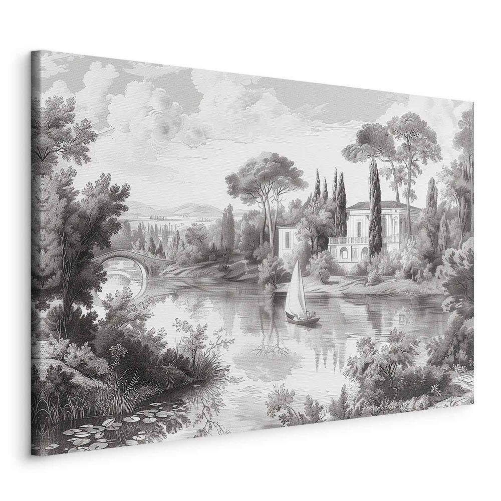 Canvas Print - Black and White Vintage Landscape Retro View of a Pond with a Boat