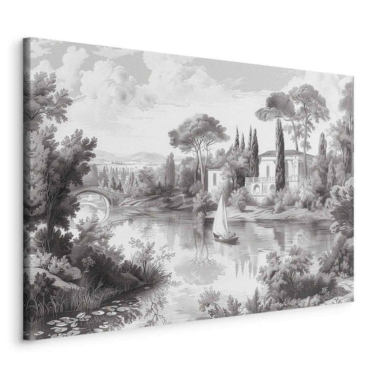 Impression sur toile - Paysage vintage noir et blanc Vue rétro d'un étang avec un bateau