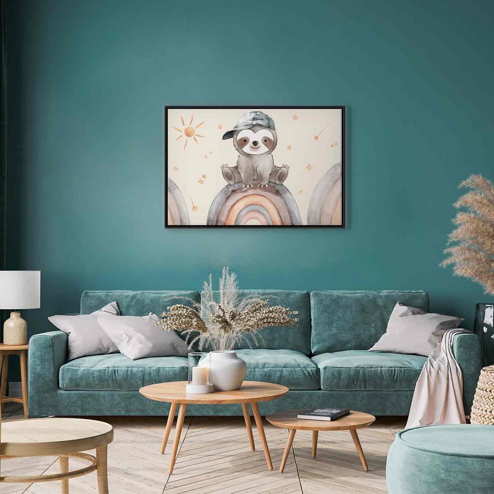 Canvas Print - Happy Sloth - Sloth in Subdued Colors Wearing a Cap Sitting on a Rainbow Among Little Stars