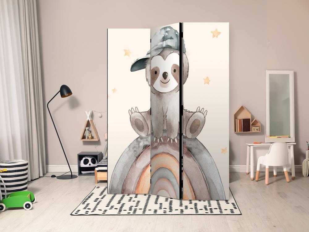 Room Divider - Happy Sloth - Sloth in Muted Colors - Wearing a Cap - Sitting on a Rainbow Among the Stars