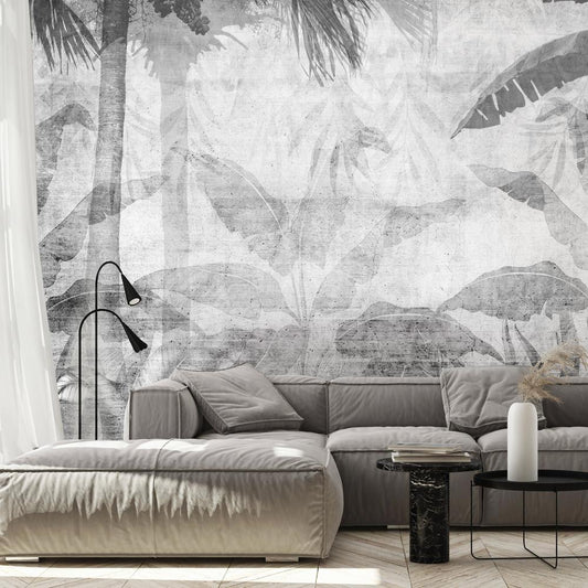 Wall Mural - Vanishing jungle - landscape of exotic trees and leaves in grey tones-Wall Murals-ArtfulPrivacy