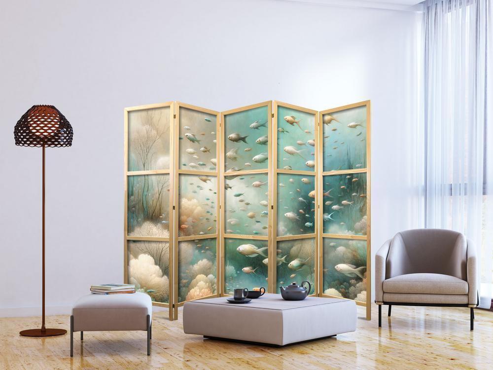 Japanese Room Divider - Spectacular Underwater Landscape - Fish in the Underwater World in Colors of Turquoise Blue Beige and Delicate Orange