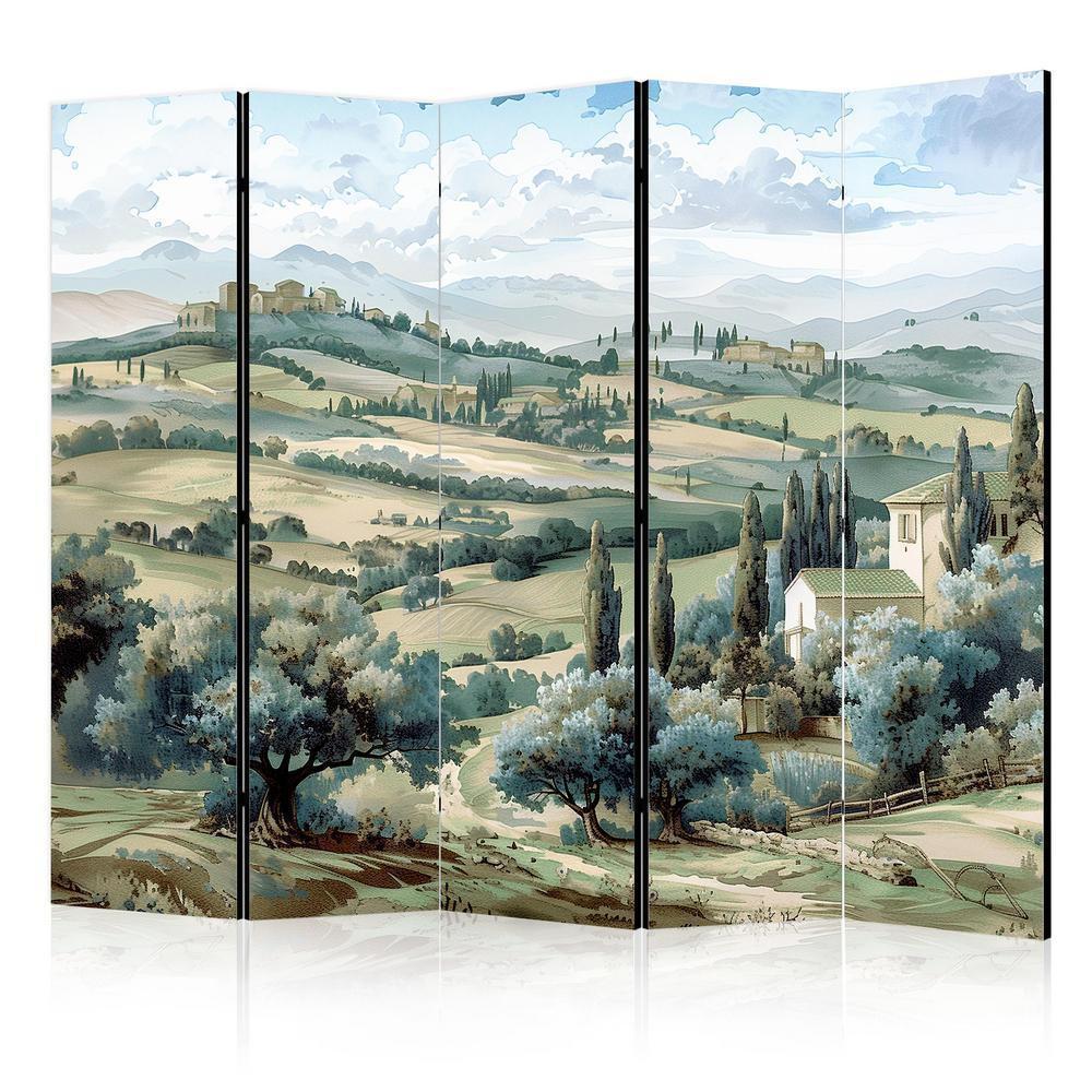 Room Divider - Landscape with Green Fields and Trees - Tuscan Sunny View- A 5 Panel Folding Screen For Living rooms, bedrooms or home office, decorative folding screen made with wood and canvas