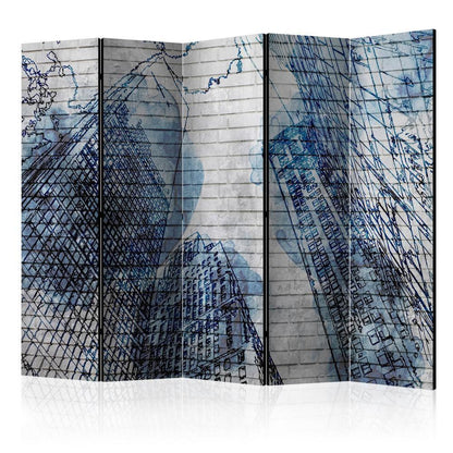 Room Divider - Inky New York II- A 5 Panel Folding Screen For Living rooms, bedrooms or home office, decorative folding screen made with wood and canvas