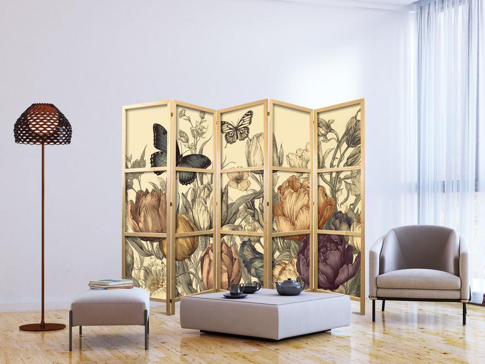 Japanese Room Divider - Tulips in Cream - Illustration of Flowers and Butterflies on a Light Background