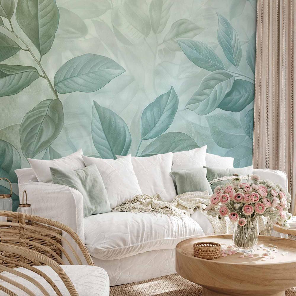 Peinture murale - Grandes feuilles aux tons vert menthe : motif botanique