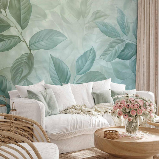 Wall Mural - Large Leaves in Shades of Green-Mint: Botanical Motif