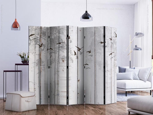 Decorative partition-Room Divider - Birds on Boards II-Folding Screen Wall Panel by ArtfulPrivacy