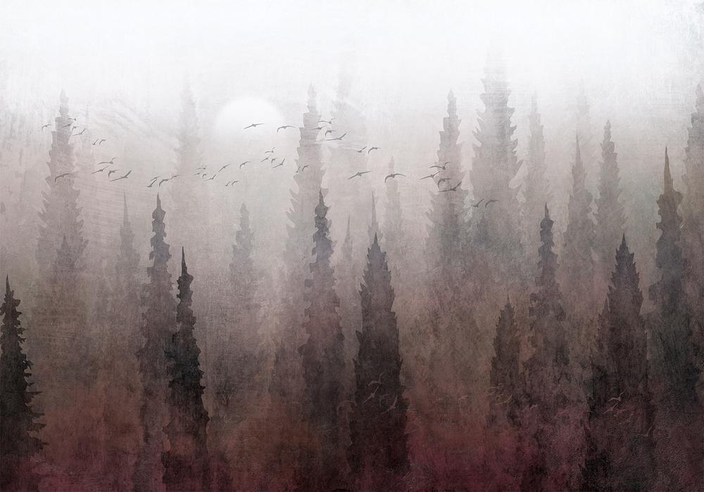 Wall Mural - Bird's flight over treetops - landscape of a dark forest in fog-Wall Murals-ArtfulPrivacy