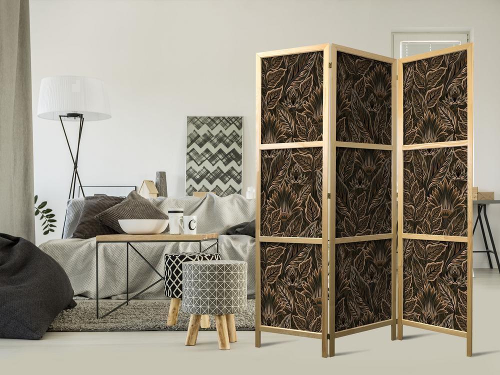 Japanese Room Divider - Dense Vegetation - Botanical Patterns in Illustrative Style Brown