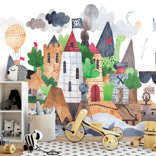 Wall Mural - A colourful treasure island with a castle - a pirate ship at sea for children-Wall Murals-ArtfulPrivacy