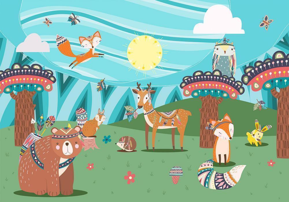 Wall Mural - Adventures in the forest - forest animals in an Indian theme for children-Wall Murals-ArtfulPrivacy