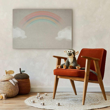 Canvas Print - Rainy June - Colorful Rainbow Emerging from Clouds on a Bright Background