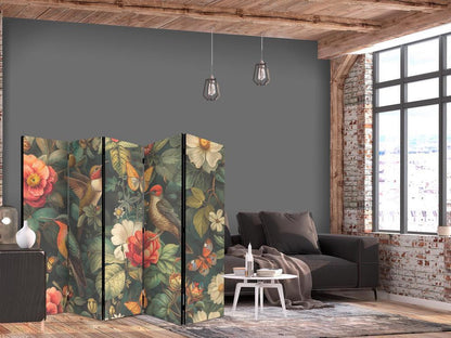 Room Divider - In the Botanical Garden - Flowers Birds and Butterflies - Colorful Illustration- A 5 Panel Folding Screen For Living rooms, bedrooms or home office, decorative folding screen made with wood and canvas