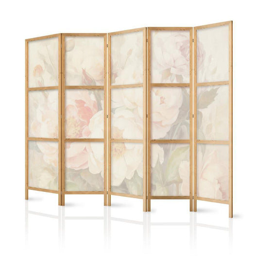 Japanese Room Divider - Blooming Peonies - Bright Large Flowers Enveloped in White Mist