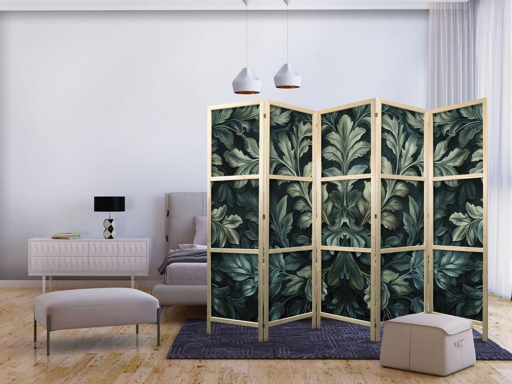 Japanese Room Divider - Dark Green Victorian Leaves - Botanical Carved Composition