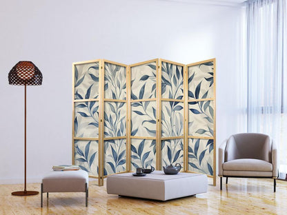 Japanese Room Divider - Leaves in Blue Colors - Delicate Botanical Motif