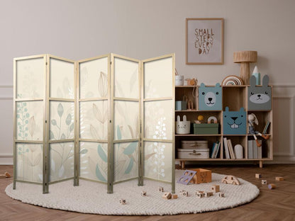 Japanese Room Divider - Morning in the Meadow - Various pastel plants on a beige background