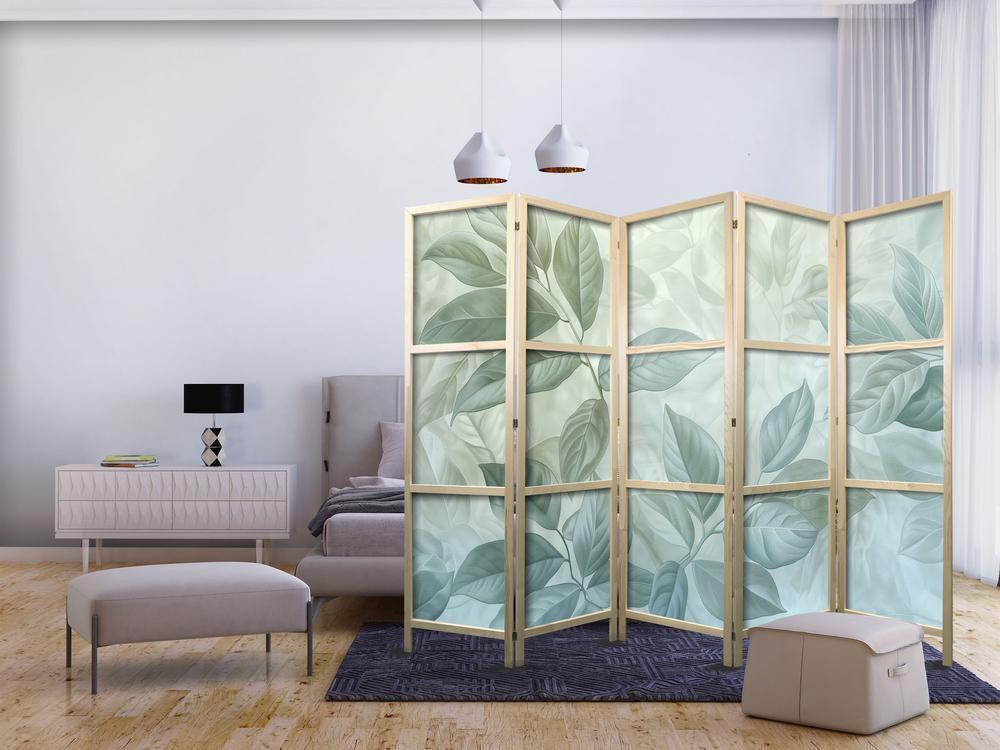 Japanese Room Divider - Large Leaves in Green-Mint Shades - Botanical Motif