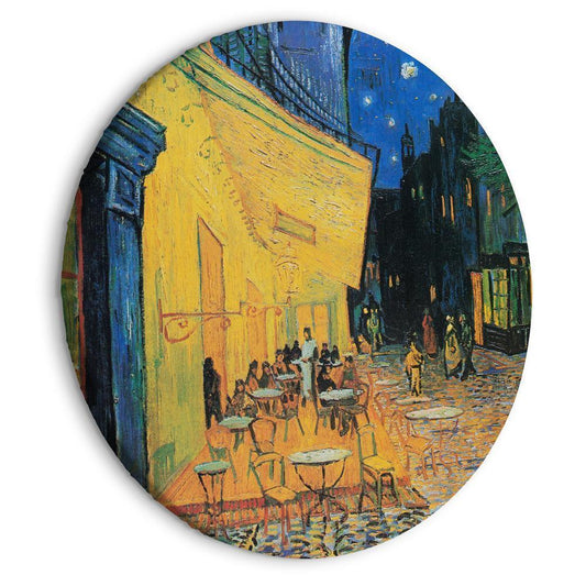 Circle shape wall decoration with printed design - Round Canvas Print - Café Terrace at Night Vincent Van Gogh - View of a French Street - ArtfulPrivacy