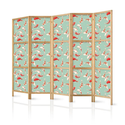 Cloison de séparation japonaise - Poisson et motif japonais - Poisson Koi aux couleurs orange-crème sur fond vert-menthe avec un motif oriental