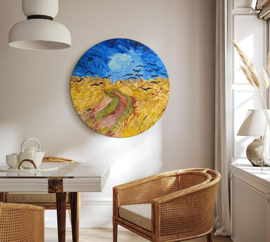 Circle shape wall decoration with printed design - Round Canvas Print - Round Wheat Field With Crows Vincent Van Gogh - Summer Countryside Landscape - ArtfulPrivacy