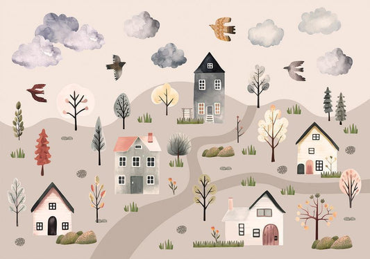Wall Mural - Scandinavian Valley - Village in Pastel Colours Painted in Watercolours-Wall Murals-ArtfulPrivacy