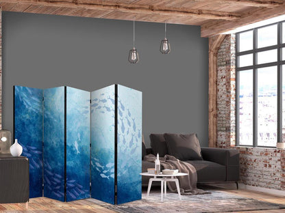 Room Divider - Schools of Fish - Luminous Clusters of Fish in Blue Colors Among Sea Depths- A 5 Panel Folding Screen For Living rooms, bedrooms or home office, decorative folding screen made with wood and canvas