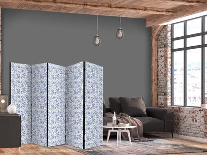 Room Divider - Illustration in Vintage Style - Blue Flowers on a White Background- A 5 Panel Folding Screen For Living rooms, bedrooms or home office, decorative folding screen made with wood and canvas