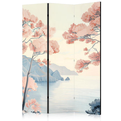 Room Divider - Landscape with the Ocean - Cliffs - and Trees in Delicate Pink Shades