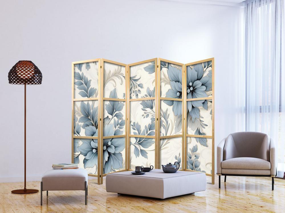 Japanese Room Divider - Turquoise Flowers in Retro Ambiance - Floral Ornaments