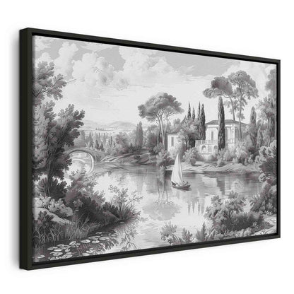 Impression sur toile - Paysage vintage noir et blanc Vue rétro d'un étang avec un bateau