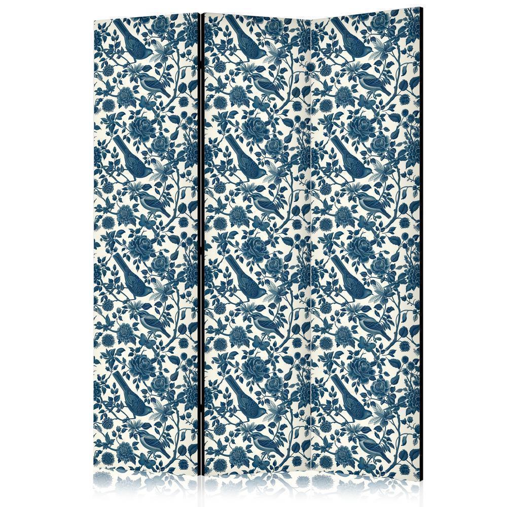 Room Divider - Rose Vines - Monochromatic Blue Birds Resting Among Roses