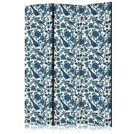 Room Divider - Rose Vines - Monochromatic Blue Birds Resting Among Roses