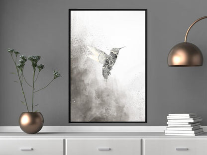 Frame Wall Art - Hummingbird in Shades of Grey-artwork for wall with acrylic glass protection